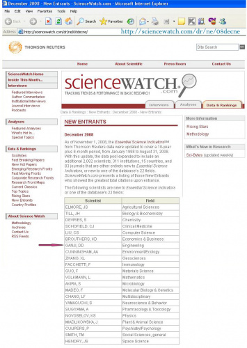 توسط پایگاه الکترونیکی ScienceWatch  دانشمندان برتر سال  2008  معرفی شدند